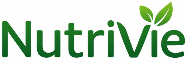 Nutrivie logo with green text and leaves on a white background